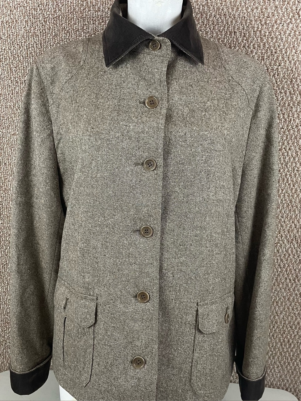 Faconnable Jacket Womens XL Heather Tweed Wool Blend Corduroy Collar Equestrian